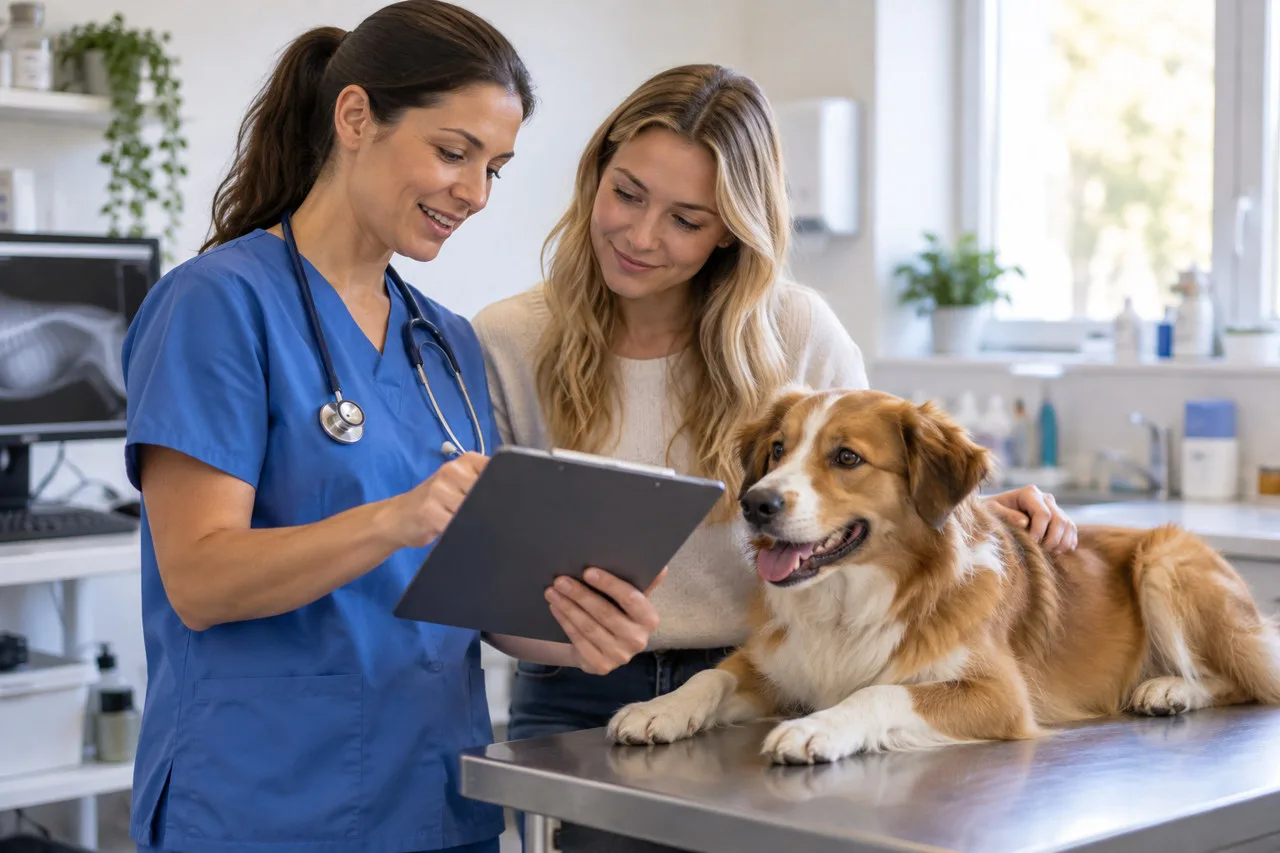 Veterinarian reviewing a tablet with an owner and dog